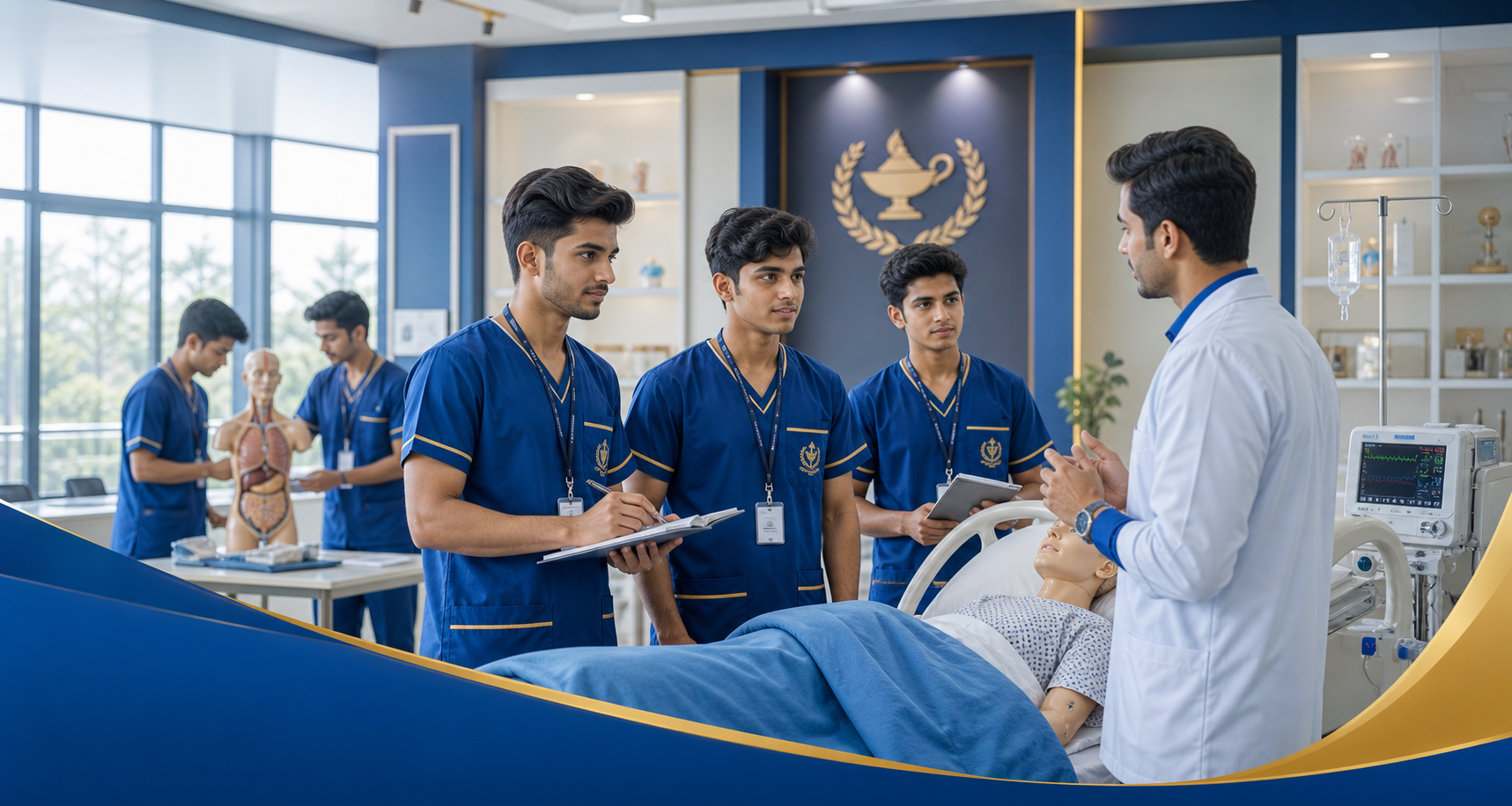 Male nursing students in a clinical training lab with instructor guidance