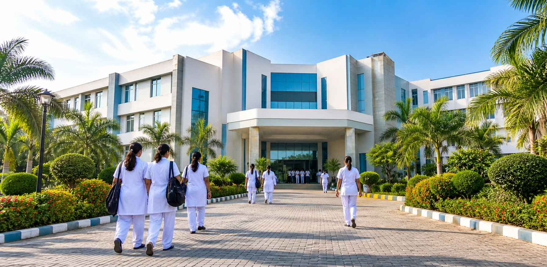 Modern nursing institute campus exterior with students walking toward the building