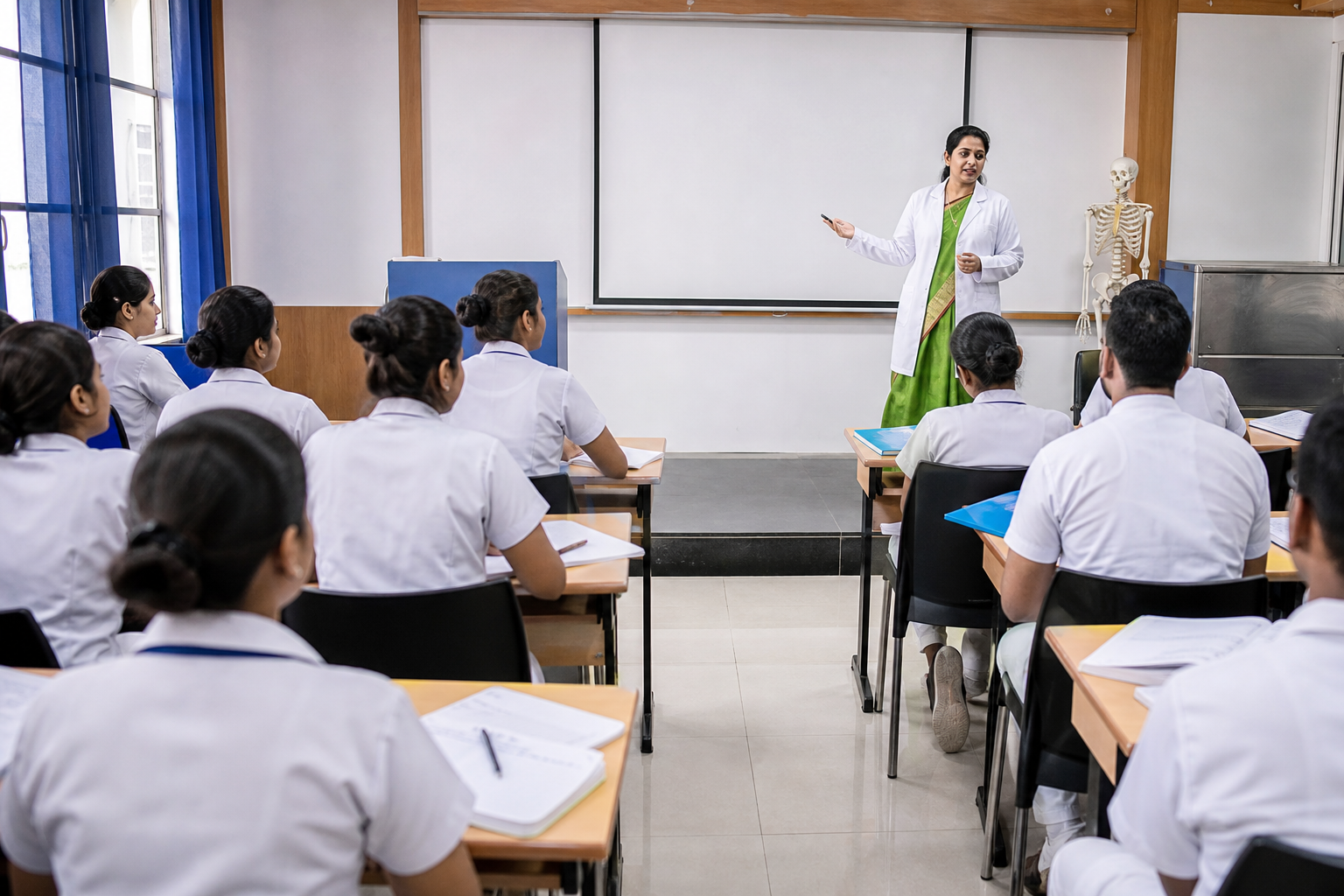 Nursing classroom lecture with faculty member teaching students