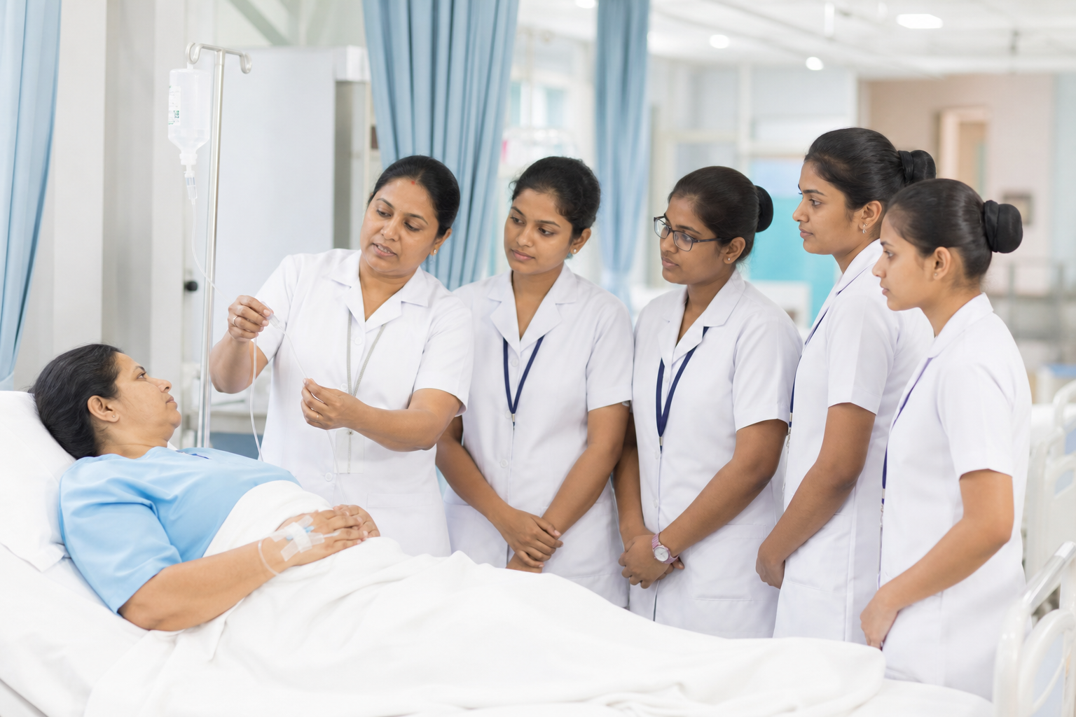 Clinical ward teaching session with nurse instructor and students