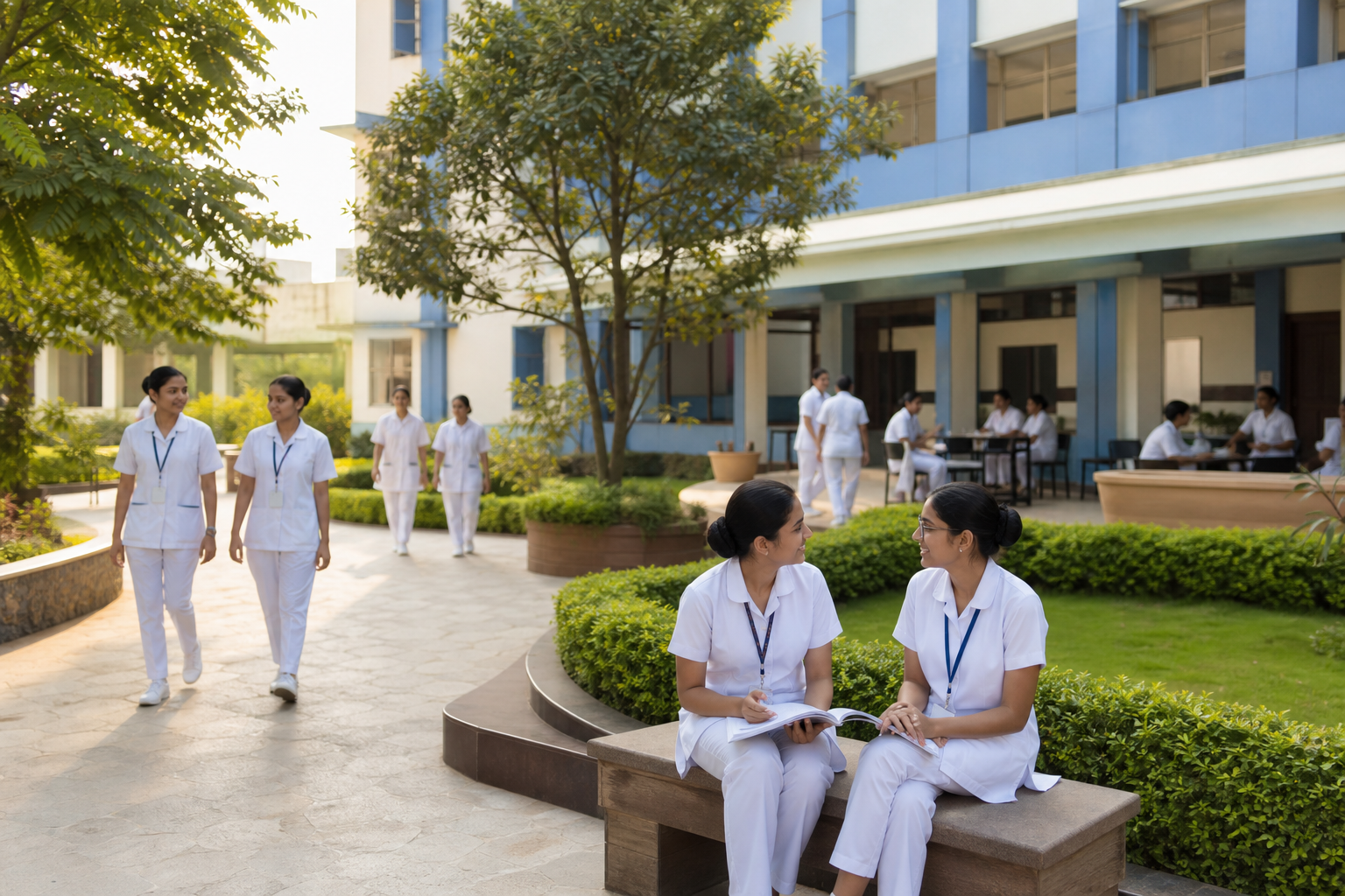 Students spending time in a landscaped nursing institute courtyard