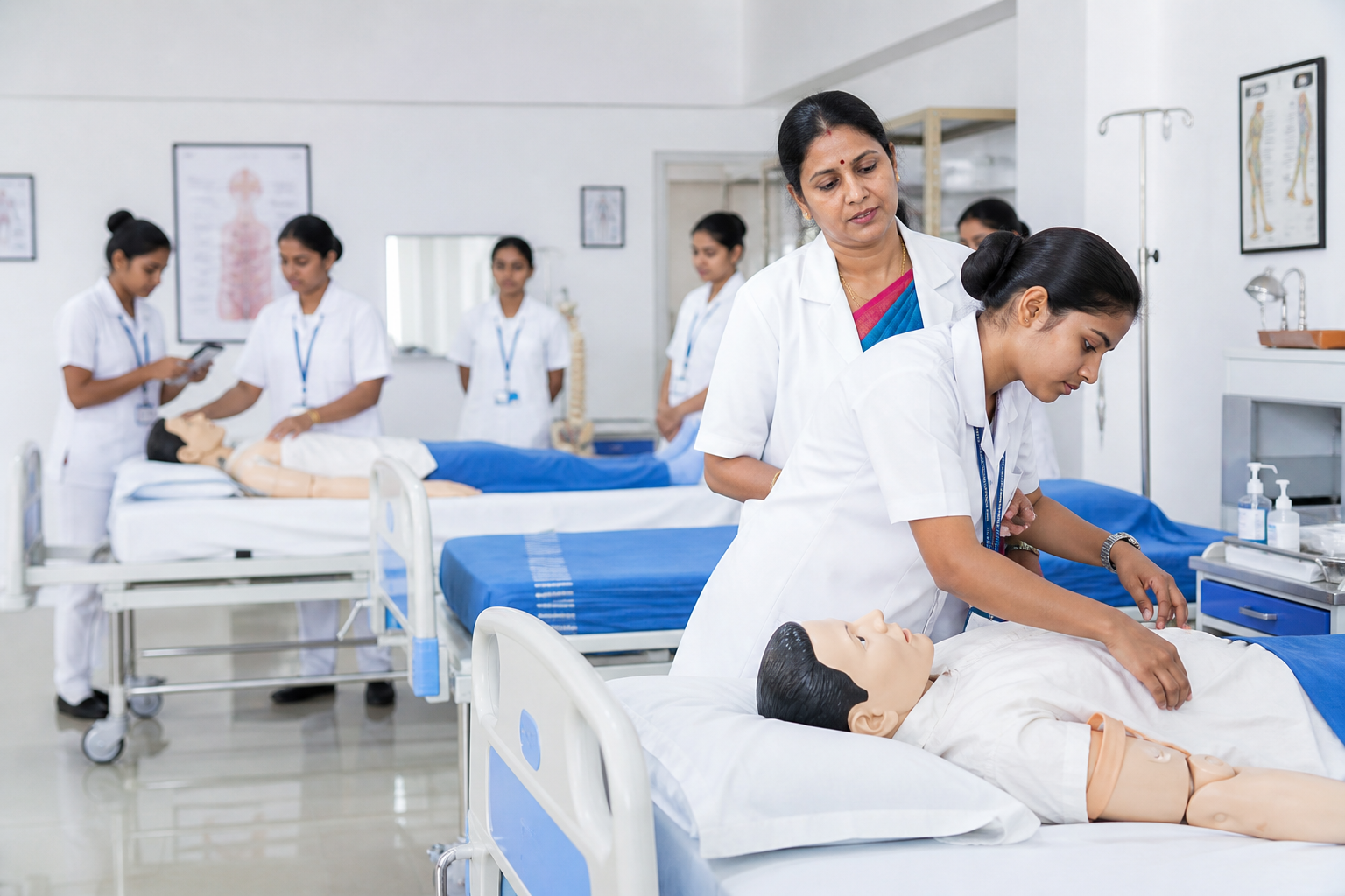 Nursing lab practice session with faculty guidance