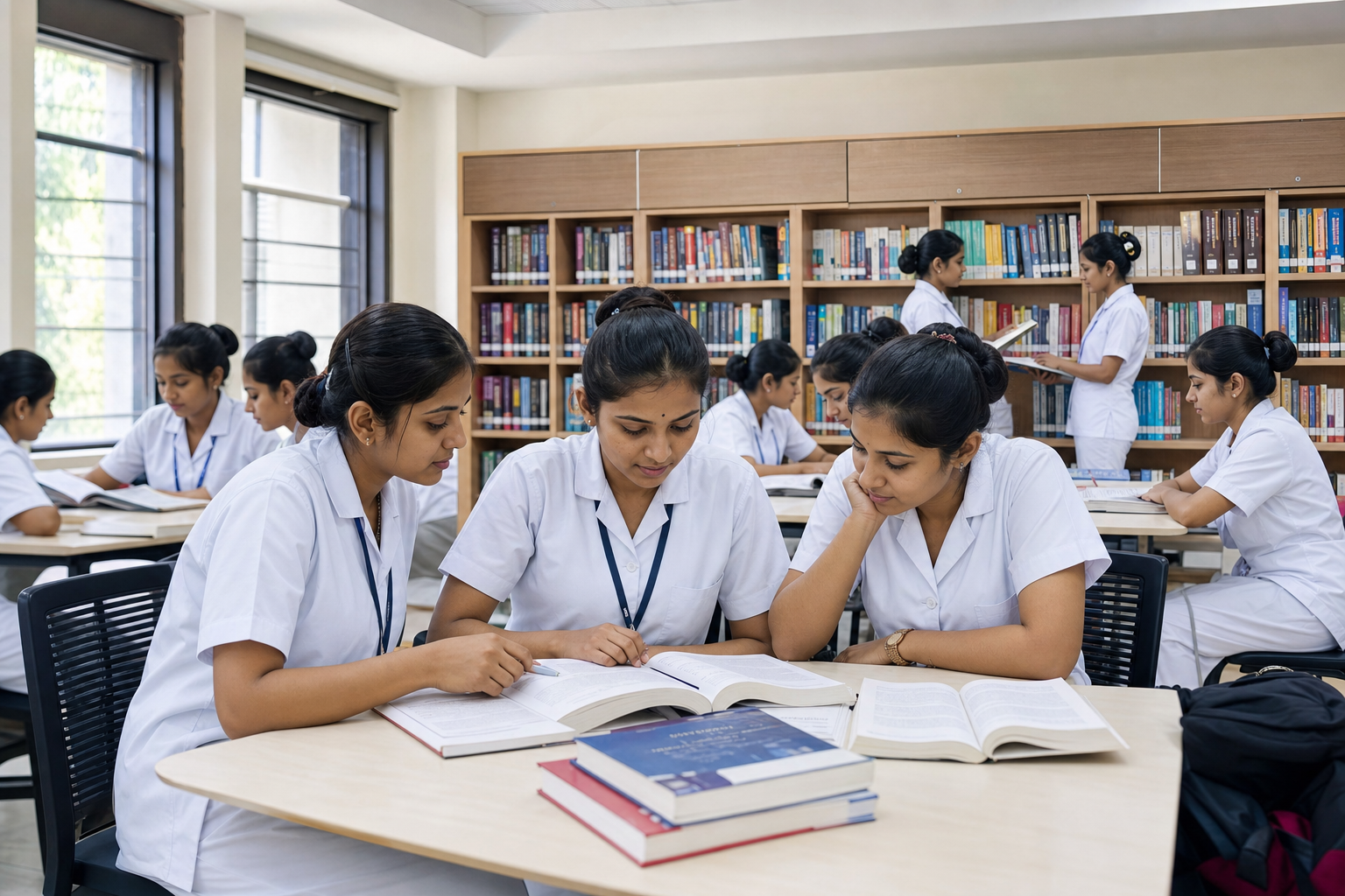 Nursing students studying together in a library