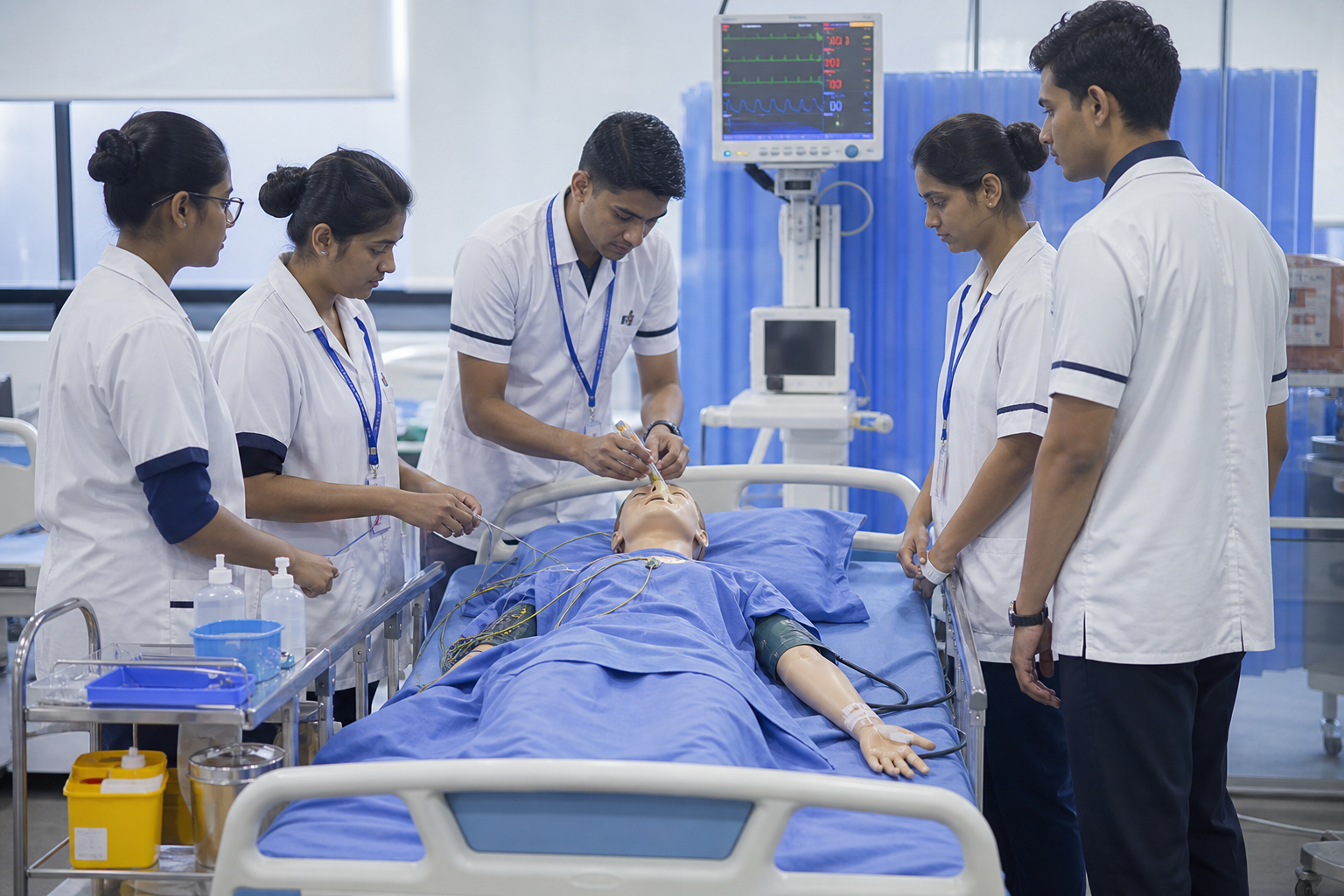 Students practicing in a nursing simulation room